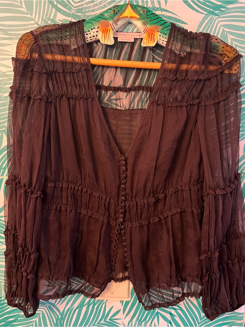 Bcbg Max Azria Runway Vintage Y2K Sheer Ruffled Button-Front Blouse brown silk S